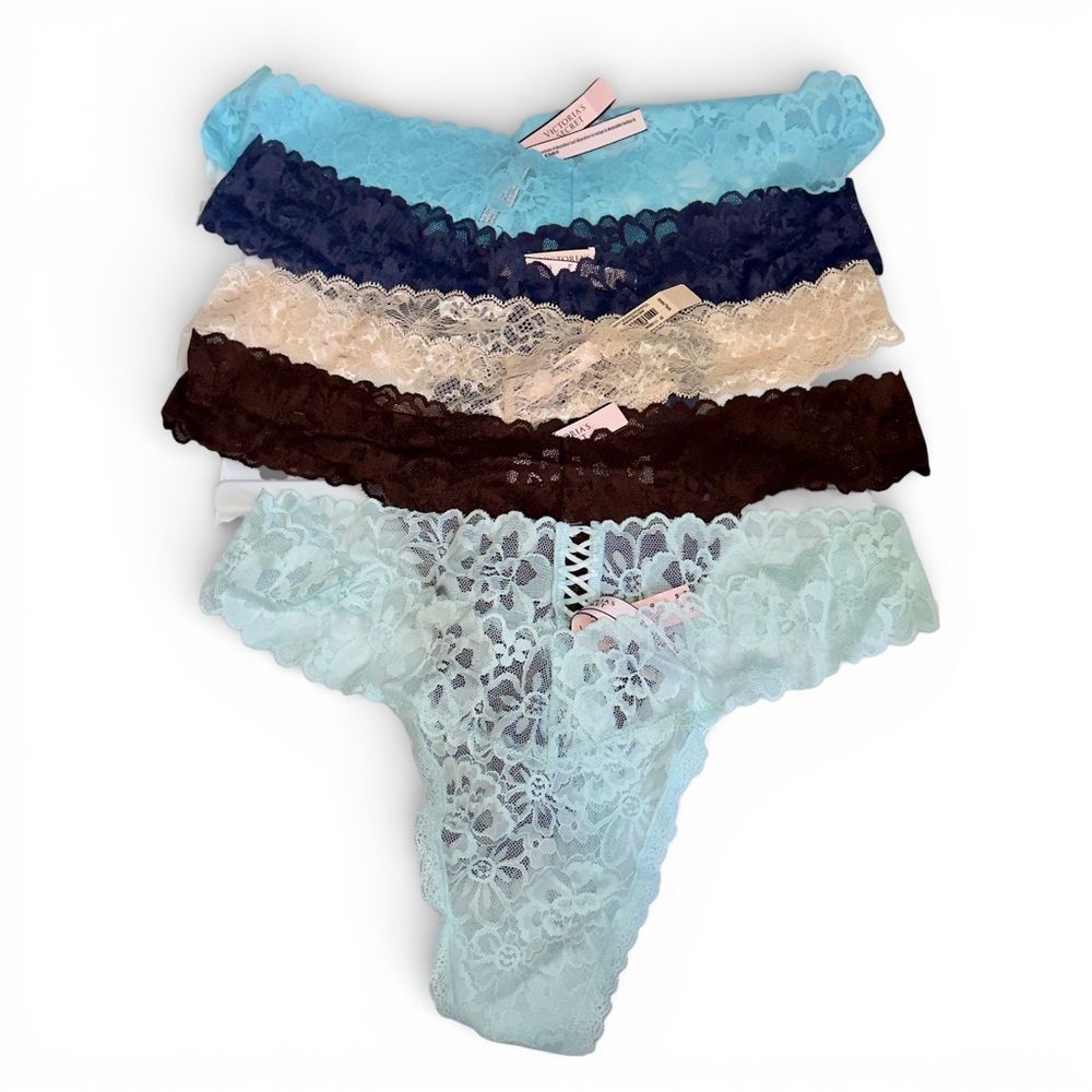 Bundle of 5 (XXL) Victoria's Secret Lace Thong Panties Set - Blue, Cream, Brown